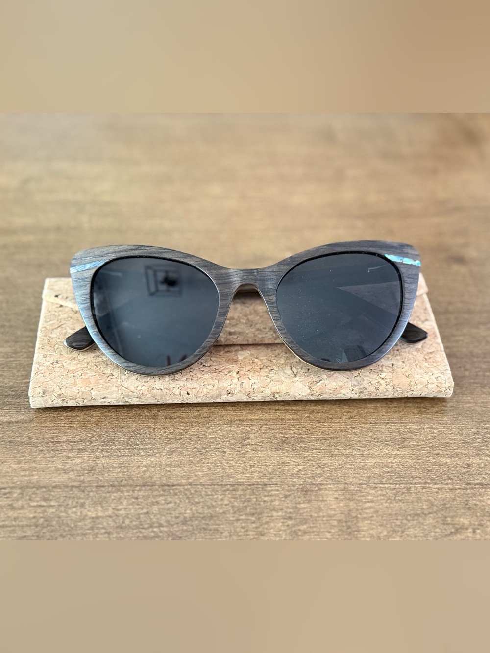 Mistura Handcrafted Grey Wood Cat Eye Sunglasses w/ Cork Case